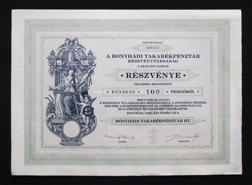 Bonyhádi Takarékpénztár részvény 100 pengõ 1930